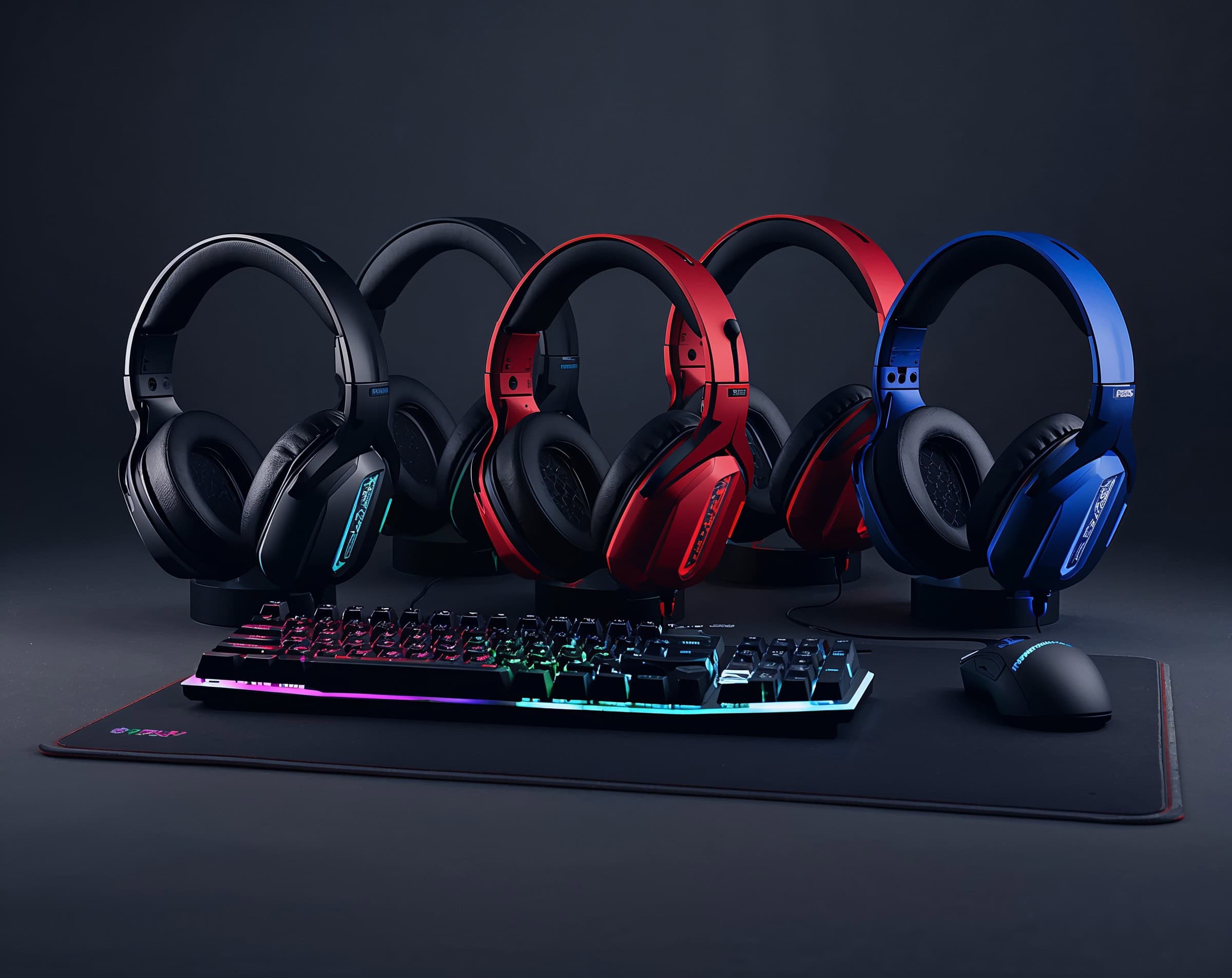 Collection of budget gaming headsets with RGB lighting on gaming desk setup for 2025